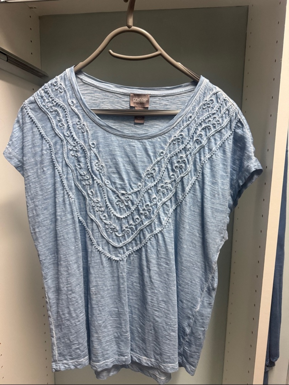 Chico's Baby Blue Embroidered Short Sleeve Tee